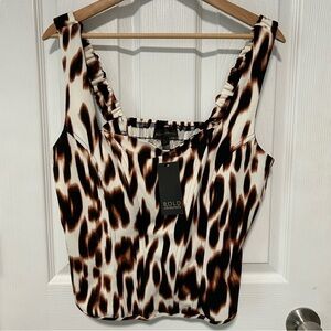 BOLD elements Brown & Cream Leopard Print Ruffle Strap Crop Top Size Large NWT